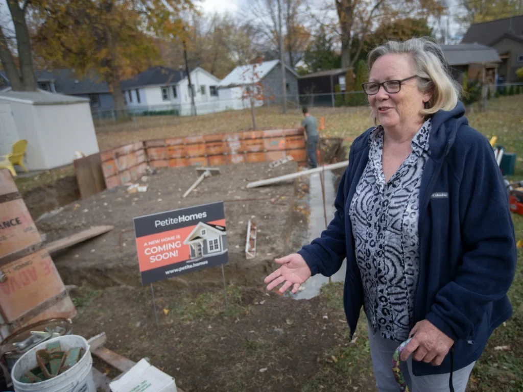 Cheri Robbins is pictured in her son's backyard in the Town of Essex where the construction of her tiny home is taking place, on Thursday, Oct. 27, 2022. PHOTO BY DAX MELMER /Windsor Star